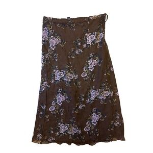 Vintage Y2K Brown Floral Rose Midi Skirt Purple Flowers Cottagecore Medium